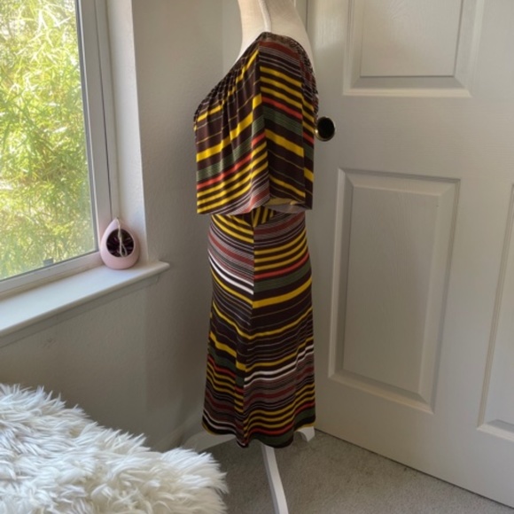 Viva You | Multicolor Brown Striped Midi Dress | 2000s Cape Sleeve V-Neck Size S - Picture 4 of 8